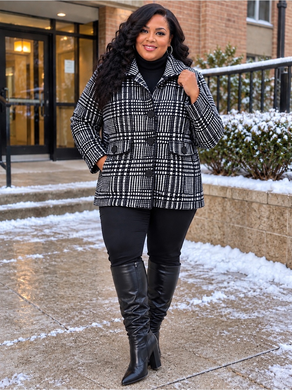 Black & White Plaid Peacoat COAT- LARGE